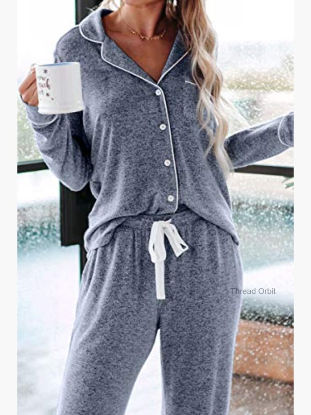 Two Piece Pajama Set Long Sleeve Button Down Sleepwear Lounge Soft - Picture 5 of 7